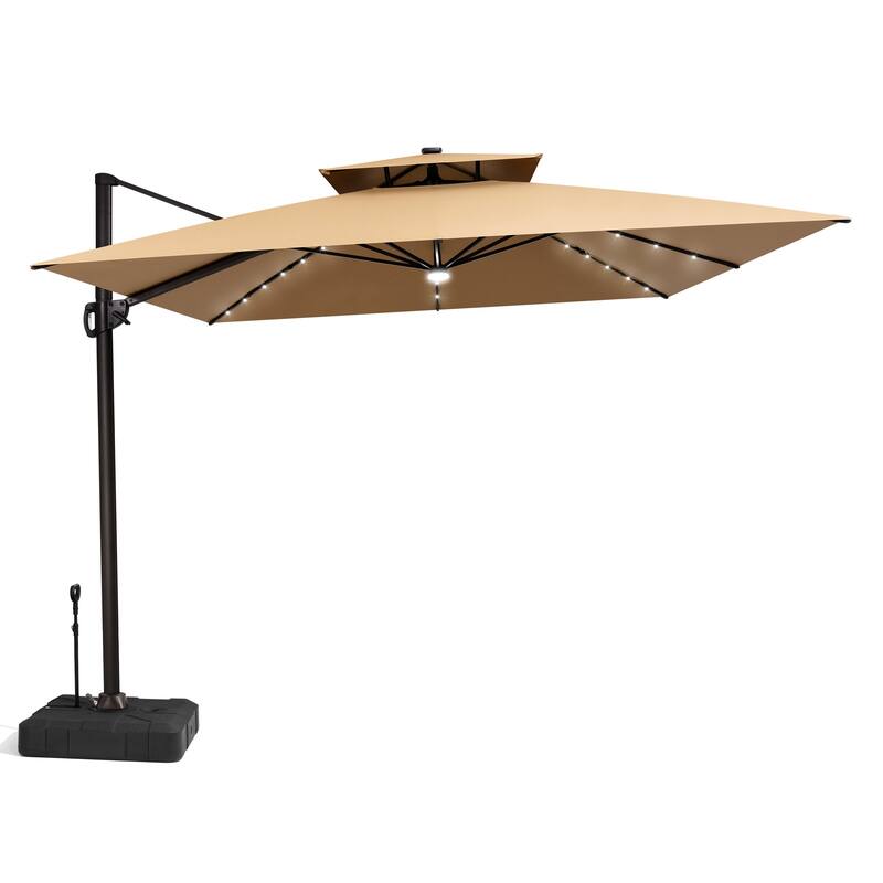11 ft Outdoor Aluminum Dual Top Solar Powered LED Patio Cantilever Umbrella and Weighted Base with Wheels and Drag Rod