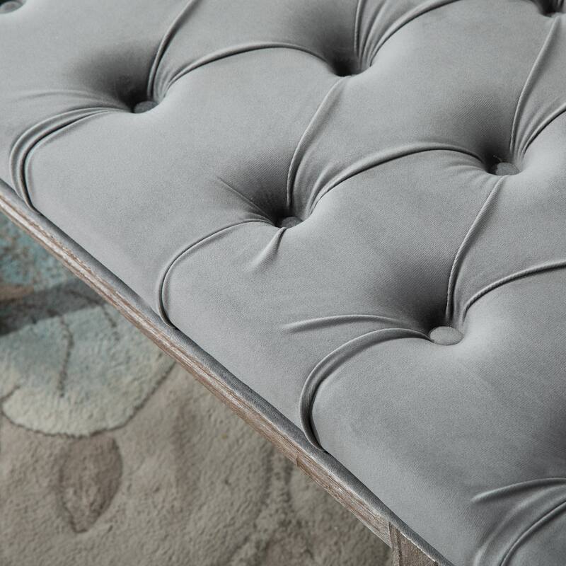 Grey Velvet Bench with Button-Tufted Cushion and Fluted Rubberwood Legs for Living Room - 56" W x 18.5" D x 20" H