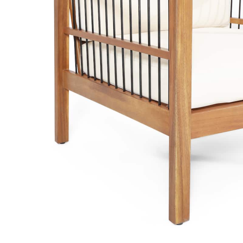 Elias Acacia Wood and Iron Outdoor Club Chair with Cushions by Christopher Knight Home