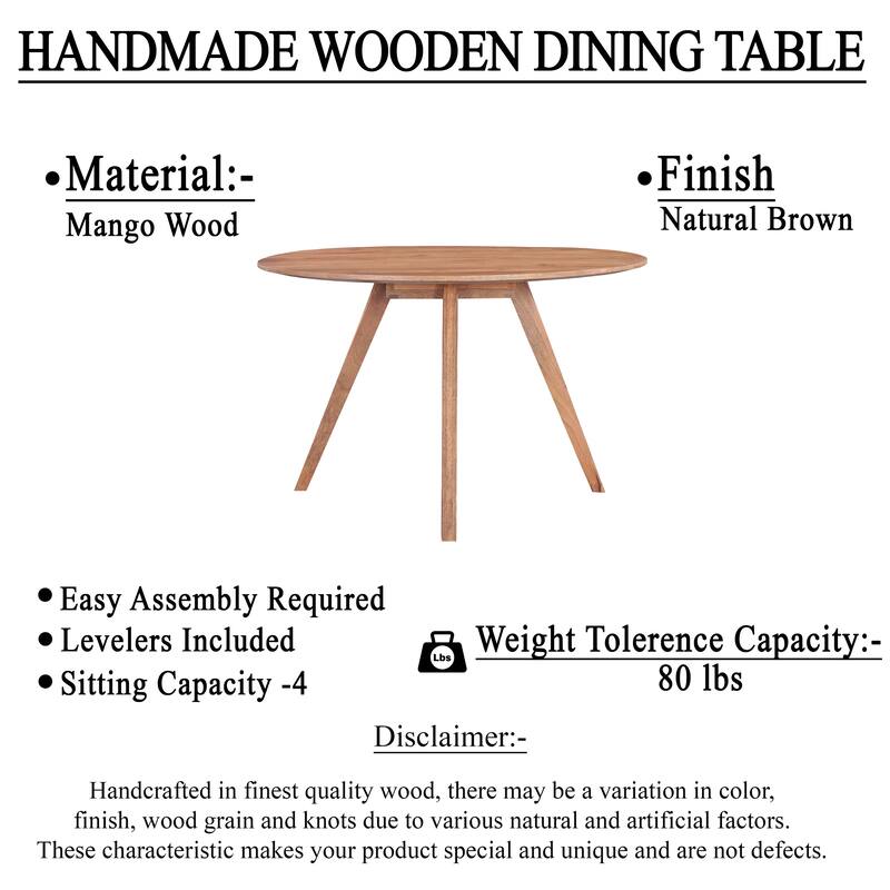 Temi Dining Table 47" Round Top Handmade Natural Brown Mango Wood Angled Four Legged Base