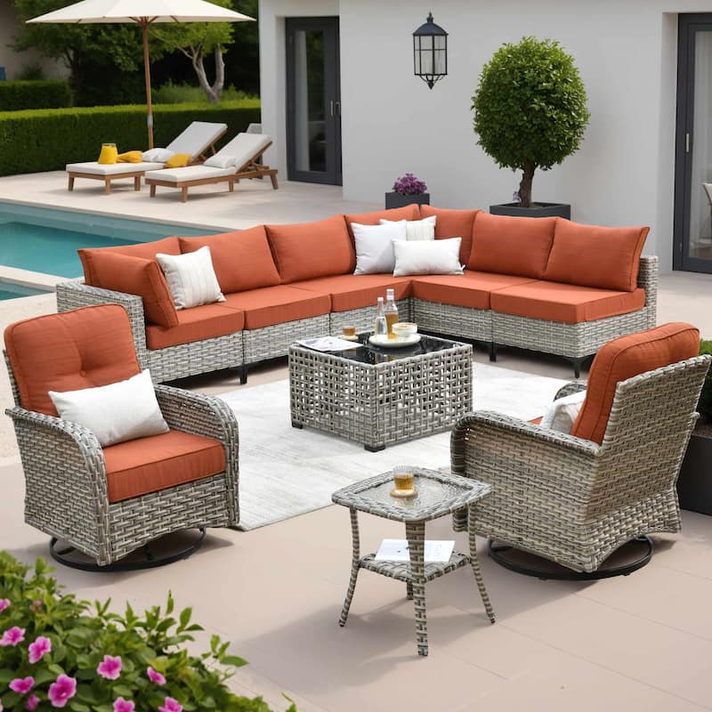 OVIOS 10 Pieces Outdoor Wicker Swivel Chair Set With Solar-Powered Coffee Table - Orange/Red
