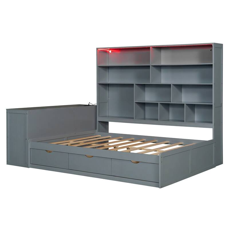 Full Size Wooden Daybed with Desk, Shelves, Drawers, and Lights in Gray
