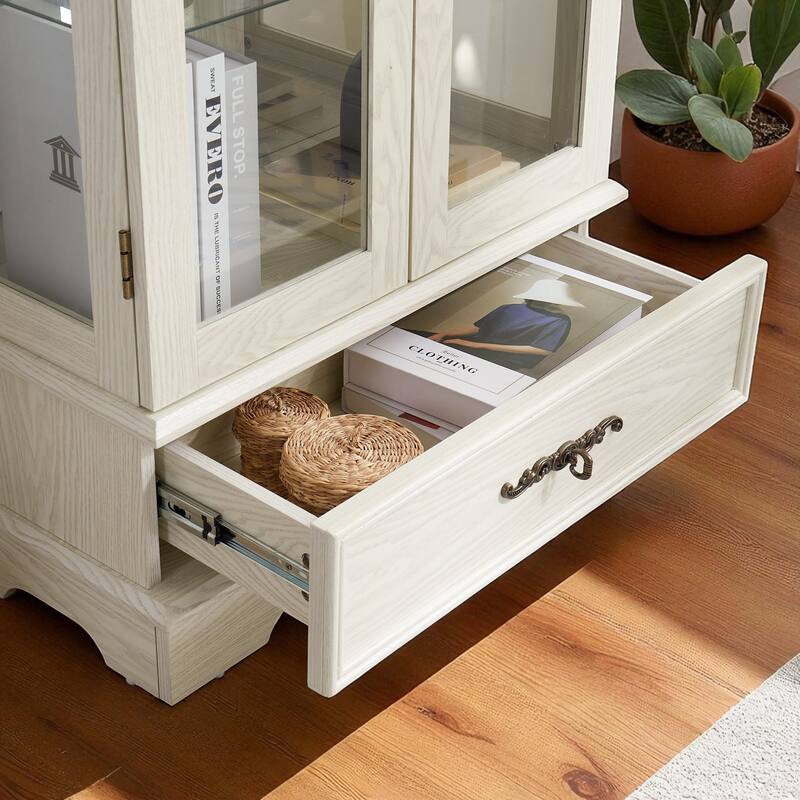 Lighted Glass Curio Cabinet with 2 Doors, Adjustable Shelves, Mirrored Back & Large Drawer, Retro Display Cabinet with Bulb