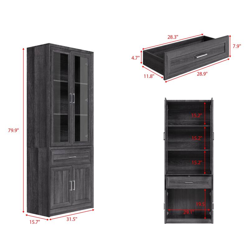 Modular Glass Door Bookcase Wall Unit with Storage Cabinets and Drawers, Dark Oak Display Hutch for Living Room or Home Office