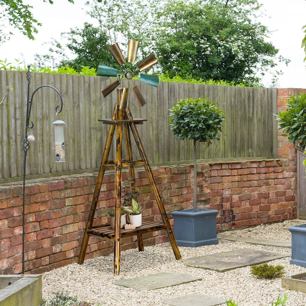 Outsunny Windmill Weathervane with Bottom Shelf, Freestanding Weather Vane with Windmill Head, Stained Wood