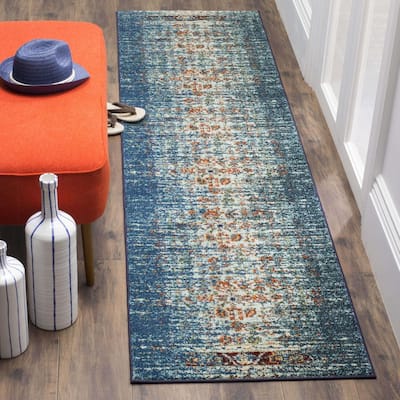 Contemporary Cool Runner Rug - 2'2" x 8' - Blue Ivory Boho Rug - Non-Shedding Easy Care Floor Mat - 96 x 26