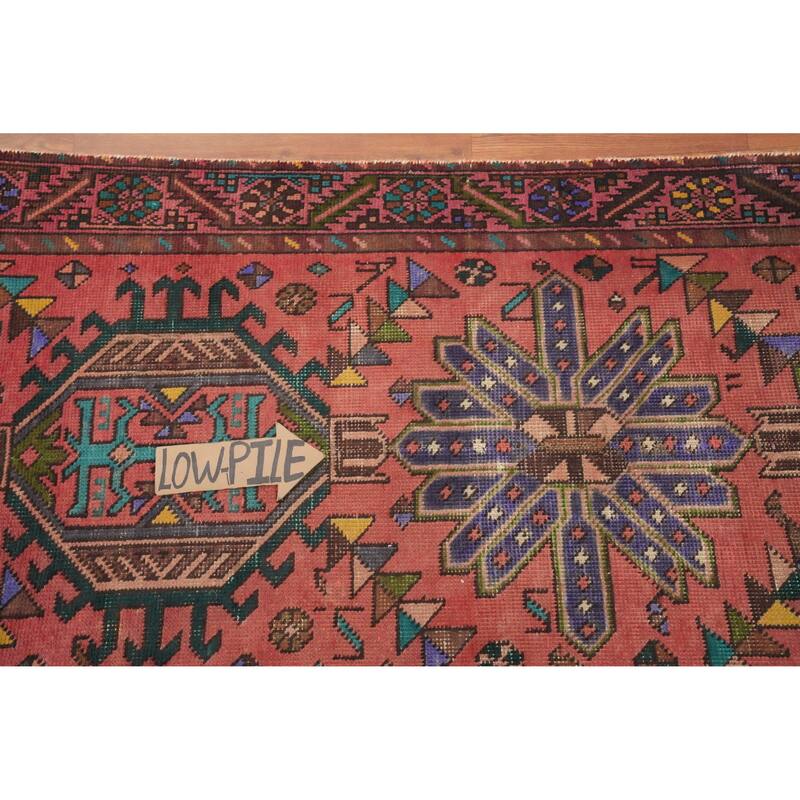 Hand Knotted Oriental 100% Wool Carpet Traditional Geometric Pink Heriz Runner Rug - 12' 2'' X 3' 0''
