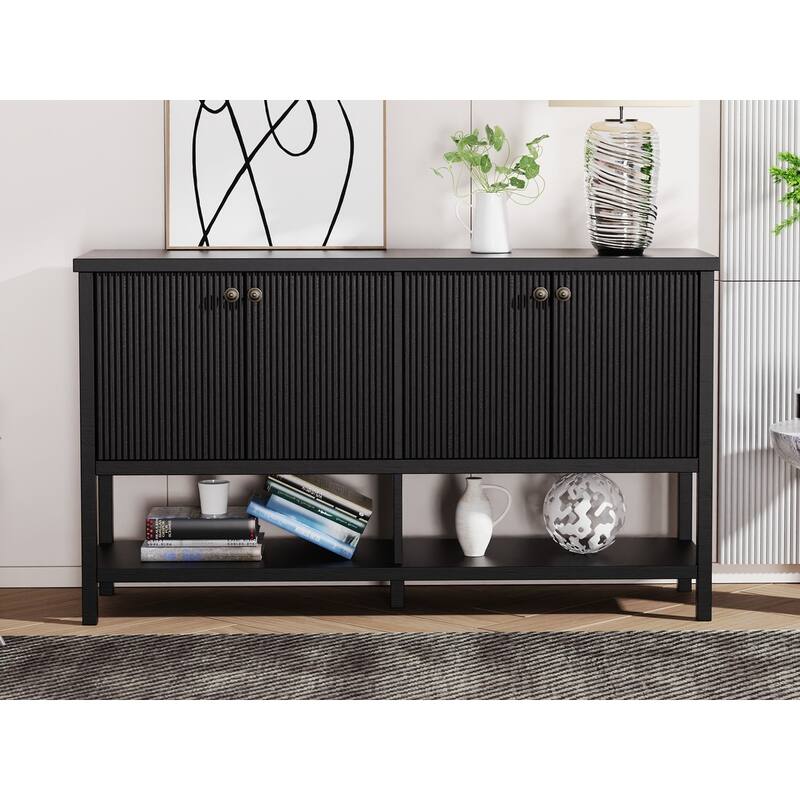 4 Doors Rustic Cabinet with Opening Shelf for Kitchen and Living Room - Black