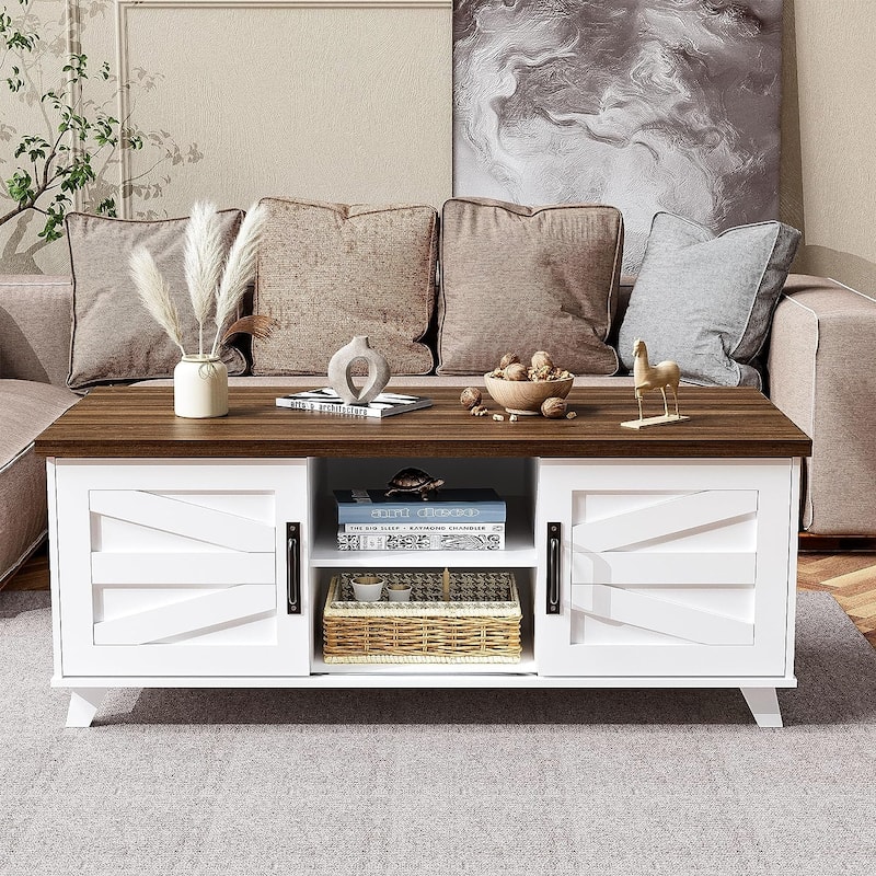 Farmhouse Coffee Table with Sliding Barn Doors for Living Room