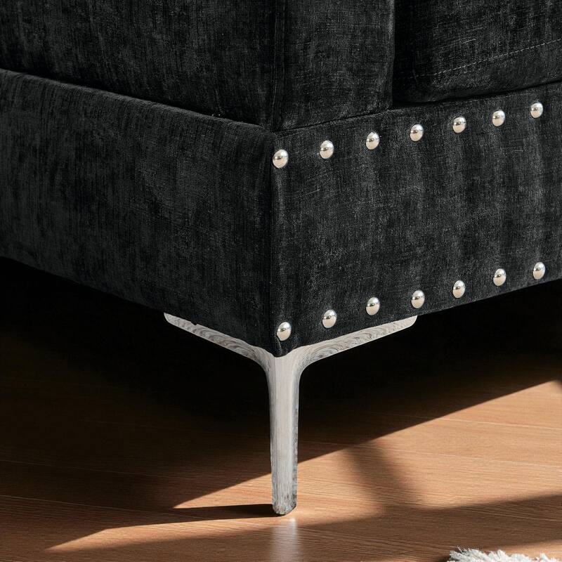 102" 3-Seater L-Shaped Sectional Sofa with Chaise and Storage Ottoman, Chenille Upholstery, Metal Legs, Rivet Trim & 2 Pillows