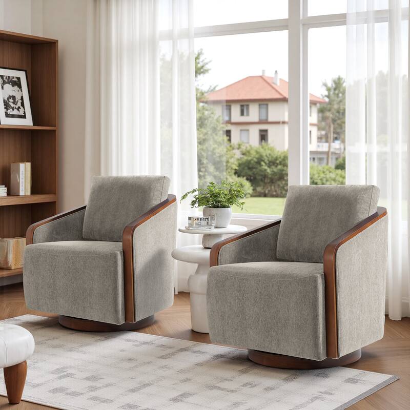 Set of 2 Modern 360° Swivel Accent Barrel Chairs with Wood Arms - Light Brown