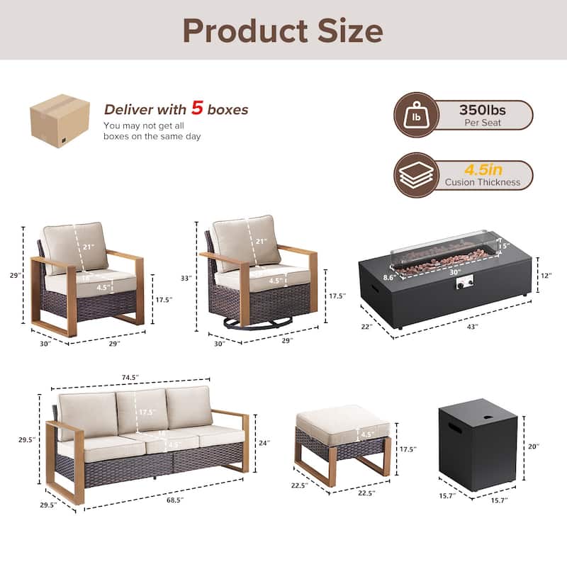 Meyreso Wicker Outdoor Patio Fire Pit Set with Swivel Gliders and 4.5-Inch Olefin Cushions