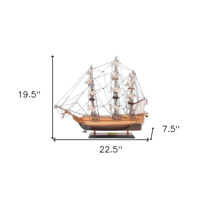 HomeRoots 20" Wood Brown 1797 USS Constitution Hand Painted Decorative Boat - 22.5' X '19.5' X '7.5