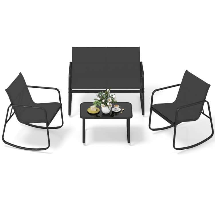 4 Piece Black Metal Fabric Rocking Bistro Set with Coffee Table Outdoor - Rocking Chair: 28.5” x 24” x 31.5” (L x W x H)