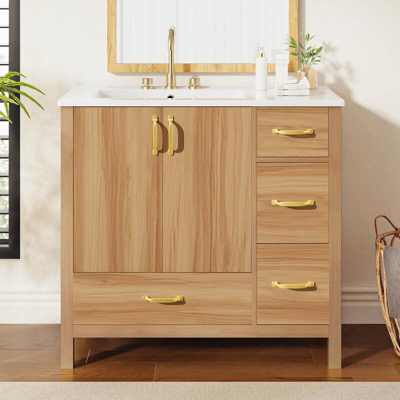 36" Wood Bathroom Vanity with Solid Wood Frame, 2 Soft Close Doors, 4 Soft Close Drawers, Adjustable Shelf - Acacia Wood