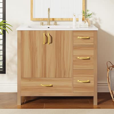 36" Wood Bathroom Vanity with Solid Wood Frame, 2 Soft Close Doors, 4 Soft Close Drawers, Adjustable Shelf