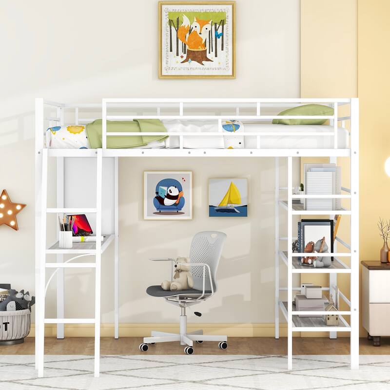 Stylish Loft Metal Bed with 3-Layer Shelves, Built-in Desk & Whiteboard - Modern Frame Design
