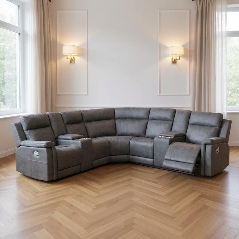 HomeRoots Gray Faux Leather Reclining Curved Corner Sectional With Console - Symmetrical - Gray