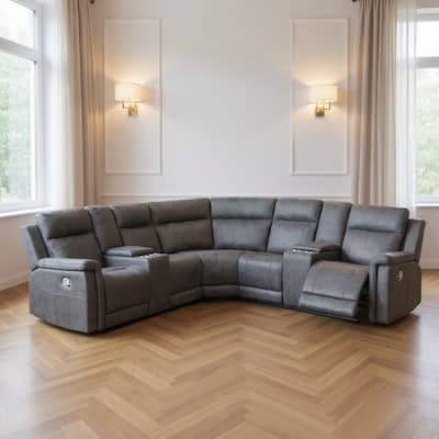 HomeRoots Gray Faux Leather Reclining Curved Corner Sectional With Console