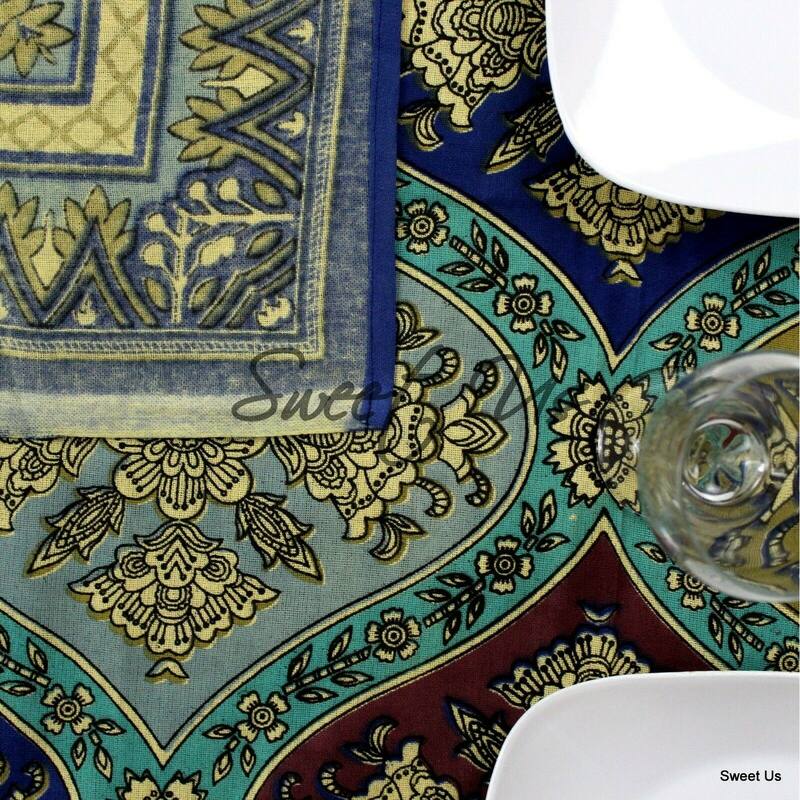 Heavy Cotton Floral Diamonds Tablecloth Rectangle Blue Gold