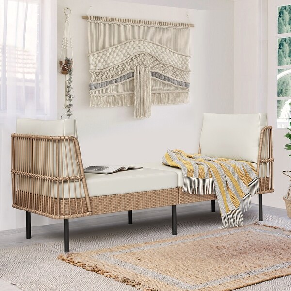 75 Inch Outdoor 3 Seater Rattan Wicker Daybed with Cushion Beige Yellow