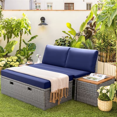 Furniwell Outdoor Daybed Patio Furniture Set Rattan Storage Conversation Set with Cushion and Side Table