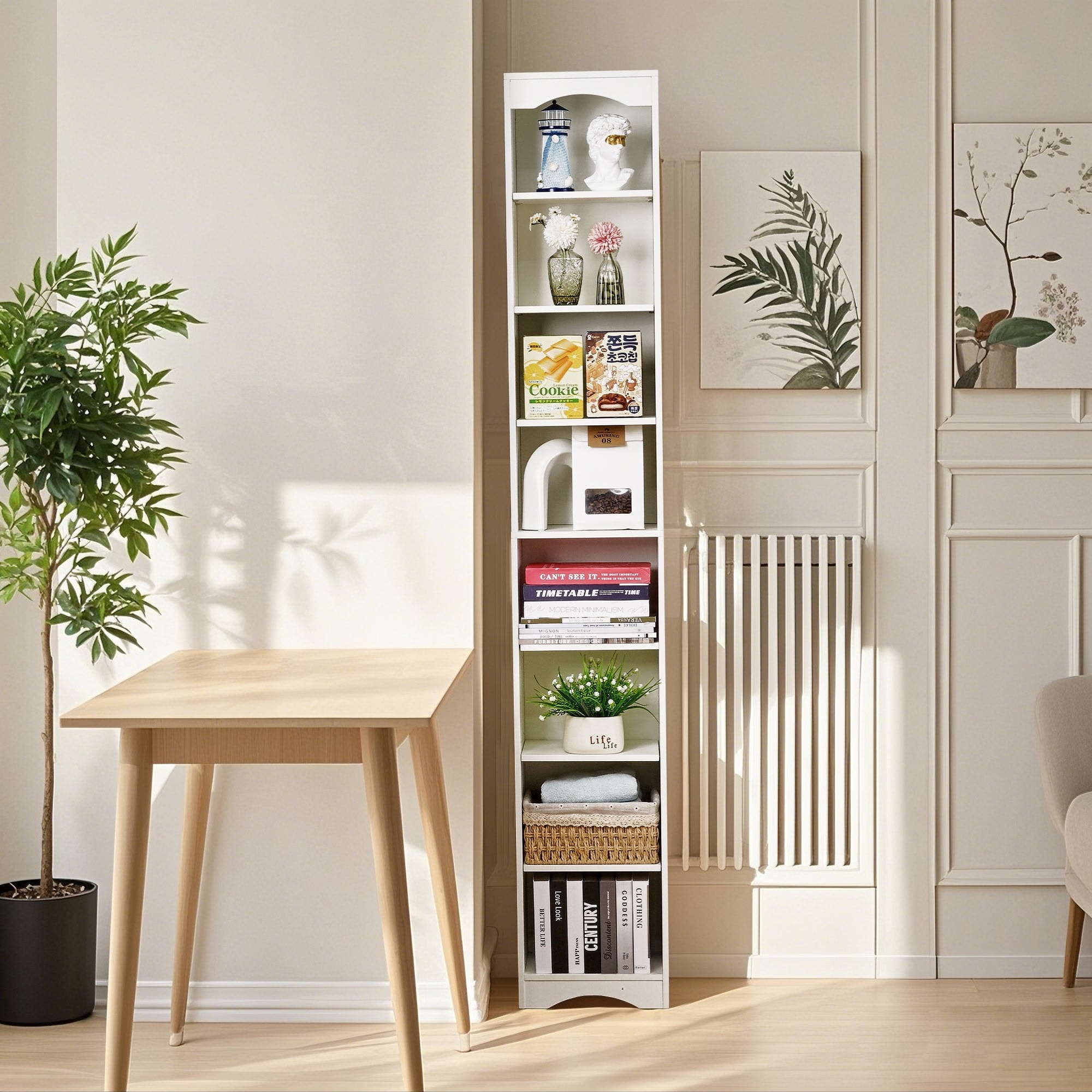 VECELO Tall Narrow Bookshelf with Adjustable Shelves Slim Vertical Storage Cabinet with Moisture-Resistant Base for Home Office