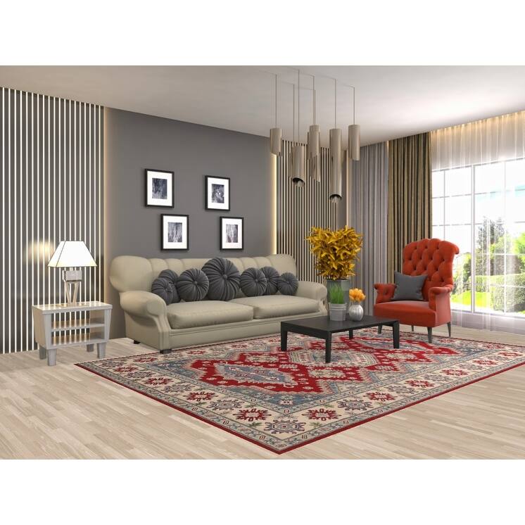 Red Kazak Area Rug Hand-Knotted Geometric Wool Carpet - 6'8" x 9'11"