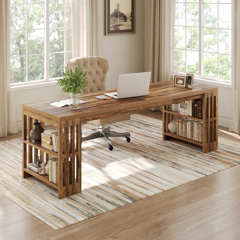 Two Person Desk with Bookshelf Computer Office Double Desk