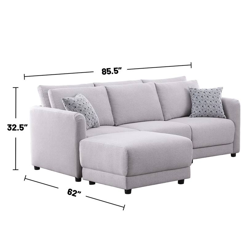 Linen Upholstered Sofa with Ottoman in Light Gray