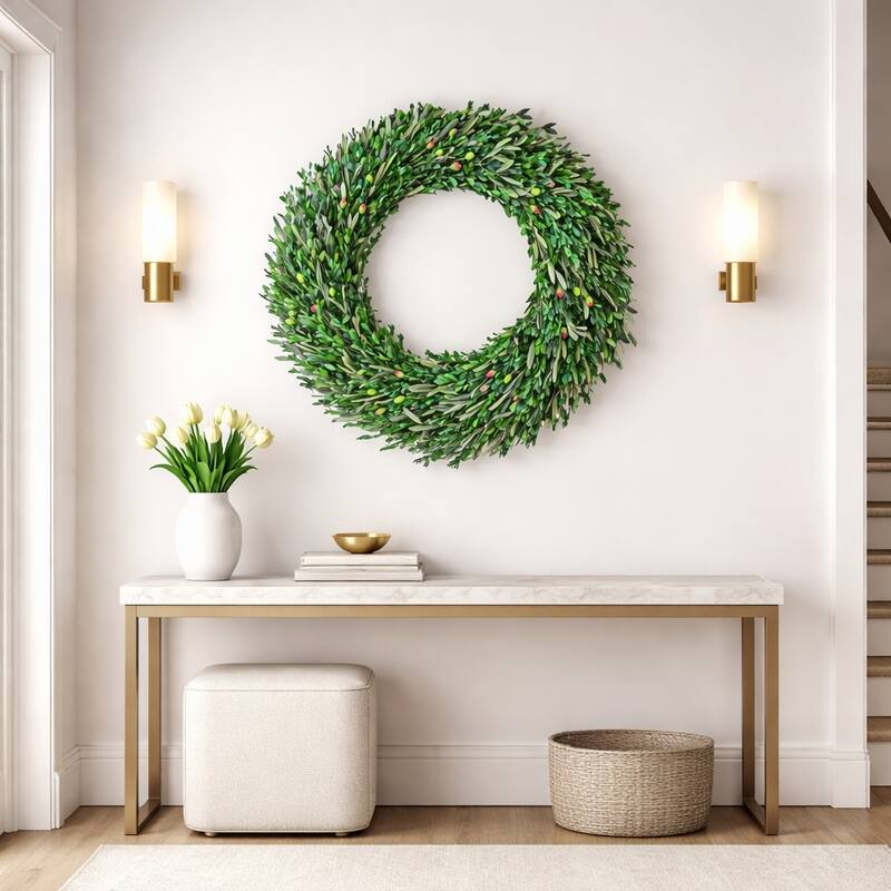 Preserved Decorative Dried Real Olive Boxwood Leaf Wreath 21 Inch - Green