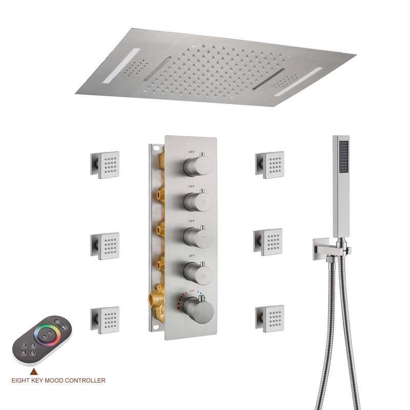 64 Colors LED Light and Music Ceiling Mounted Thermostatic Shower System - Brushed Nickel