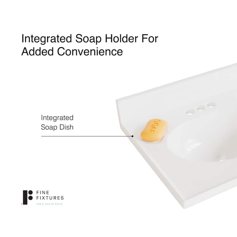 Fine Fixtures White Cultured Marble Top With Integrated Sink, 4" Backsplash and Overflow Included.