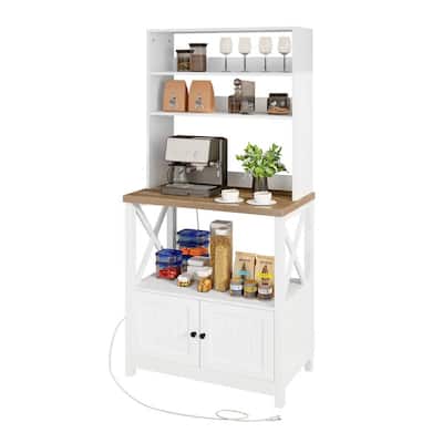 White Wooden Kitchen Storage Rack with Wine Bottle Holder and Glass Storage Microwave Stand - 63'' H x 31.4'' W x 15.7'' D
