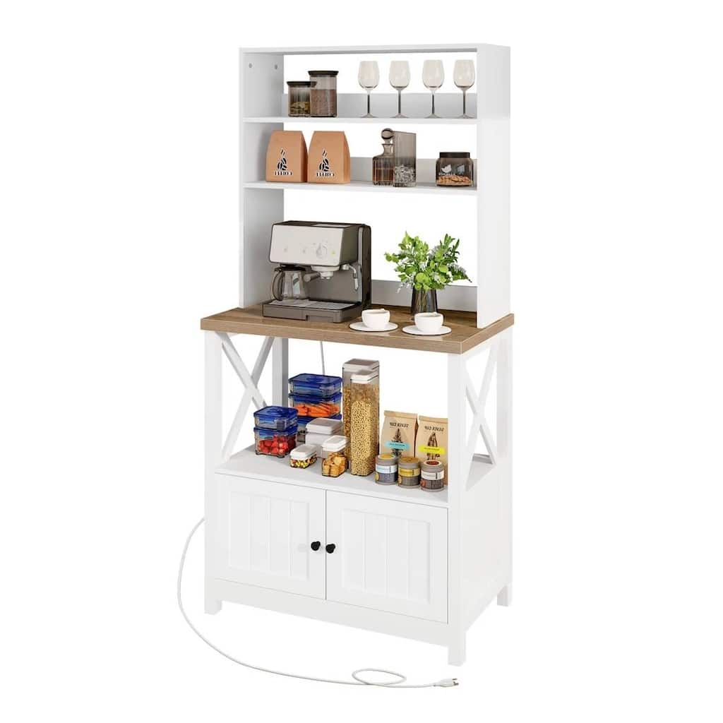 White Wooden Kitchen Storage Rack with Wine Bottle Holder and Glass Storage Microwave Stand - 63'' H x 31.4'' W x 15.7'' D