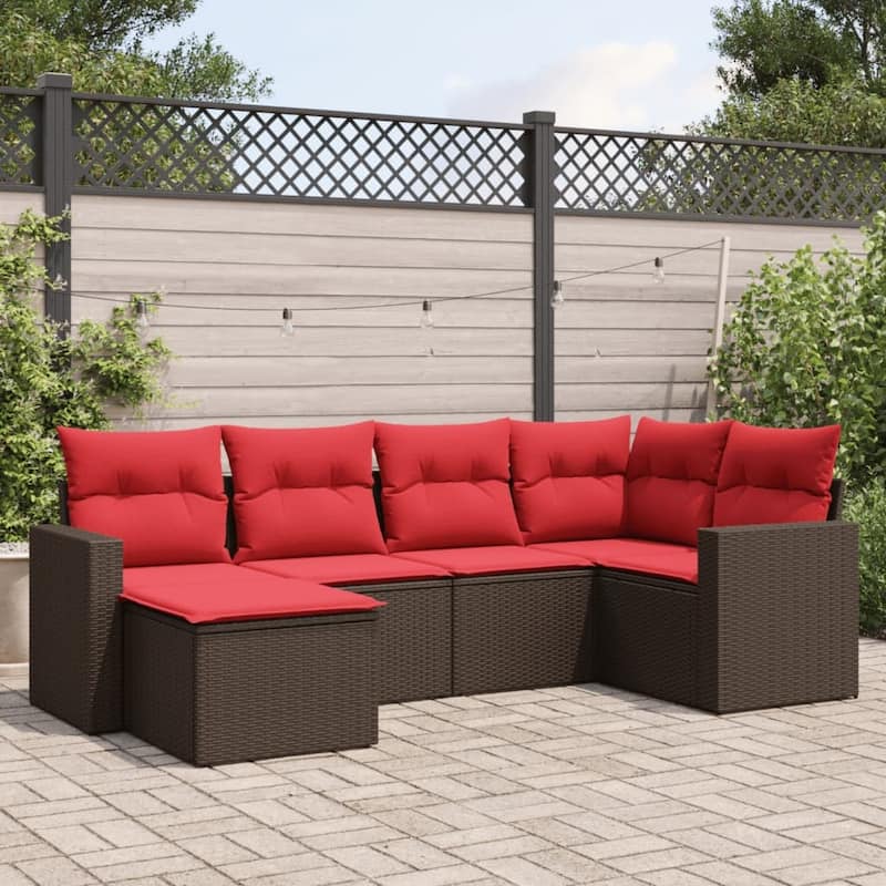vidaXL Patio Sofa Set with Cushions Outdoor Conversation Furniture Poly Rattan - 25.8" x 24.4" x 27.2" - Brown and red without table