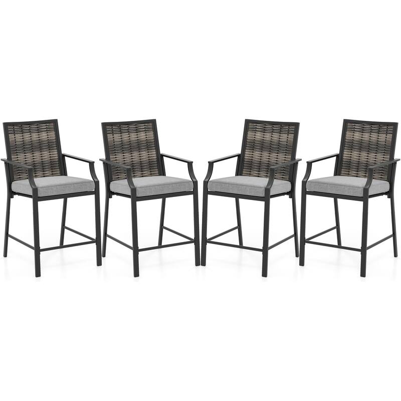 Gymax Patio Bar Stools Set of 4 w/ Armrest Fabric Seat & Heavy-Duty - Counter Height - Grey - Set of 4