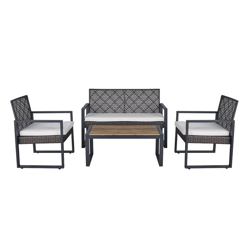 4-Piece Outdoor Patio Rattan Conversation Sofa Set with Acacia Wood Coffee Table and 2 Armchairs