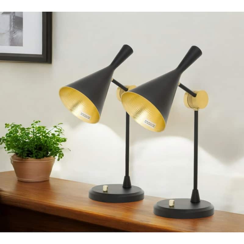 Modern Black and Gold Geometric Desk Table Lamp Set of 2 with Fabric Shade and Rotary Switch - 22.5”H x 7”W x 7”D