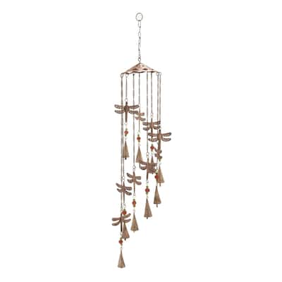Metal Dragonfly Indoor Outdoor Windchime with Glass Beads and Cone Bells - Brass - Roche River Decor