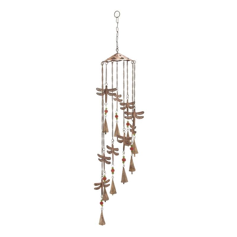 Metal Dragonfly Indoor Outdoor Windchime with Glass Beads and Cone Bells - Brass - Roche River Decor - Brown