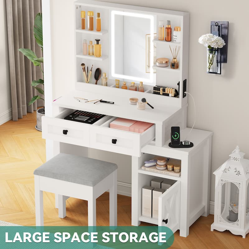 Moasis Farmhouse Vanity Desk with Mirror and Lights, Makeup Vanity Table - 15.7"D x 40"W x 54"H