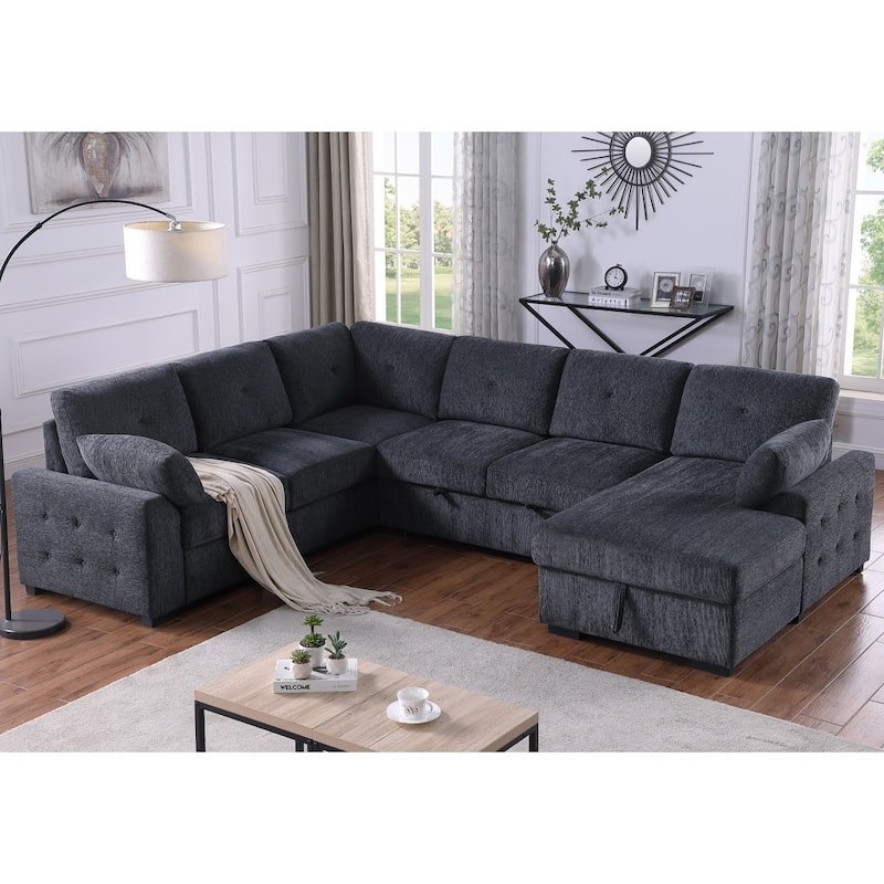 Convertible Pull-out Sectional Sofa Loveseat Sleeper with Storage and Pillows