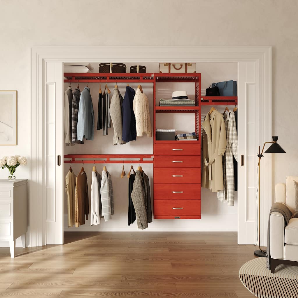 John Louis Home Solid Wood Reach-In Simplicity Closet System with 5-Drawers Red Mahogany