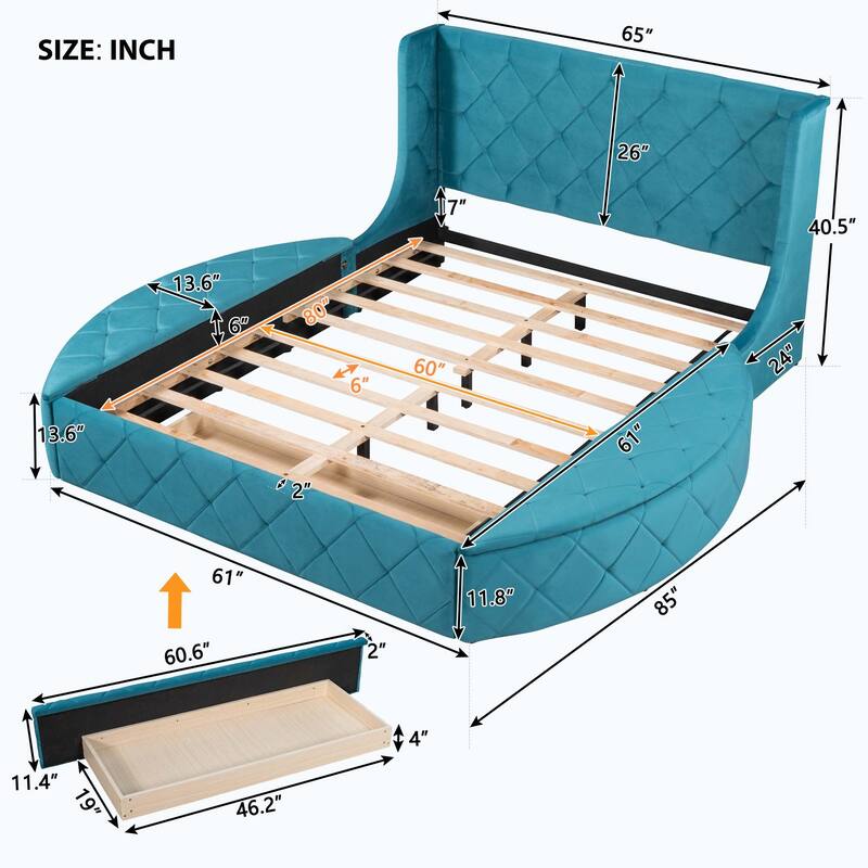 Queen Size Upholstered Platform Bed with Wingback Headboard and 1 Big Drawer,2 Side Storage Stool