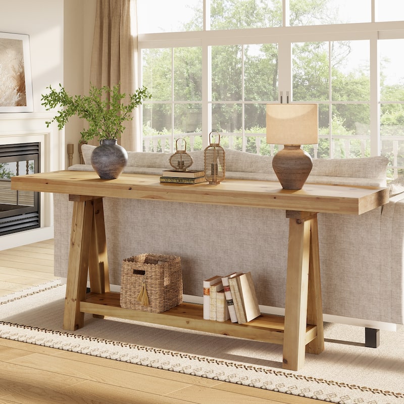 70.87-Inch Long Solid Wood Sofa Table with Shelves for Entryway - Light Wood