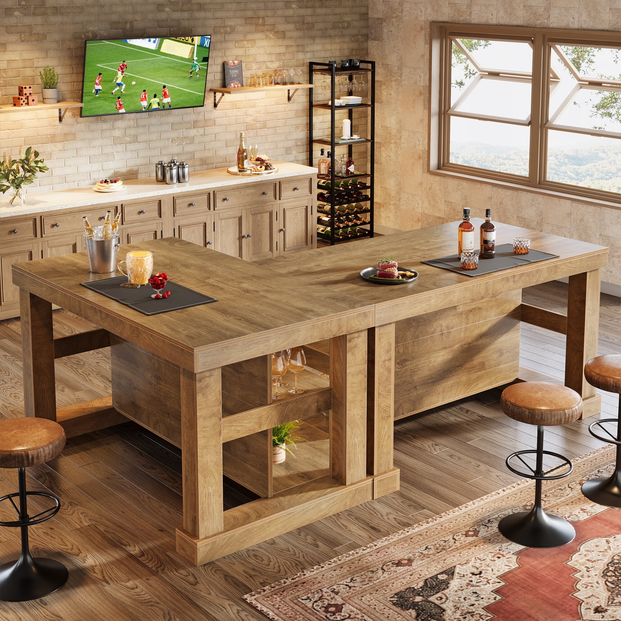 55-Inch Large Home Bar Unit, 3-Tier Pub Table with Storage Shelves