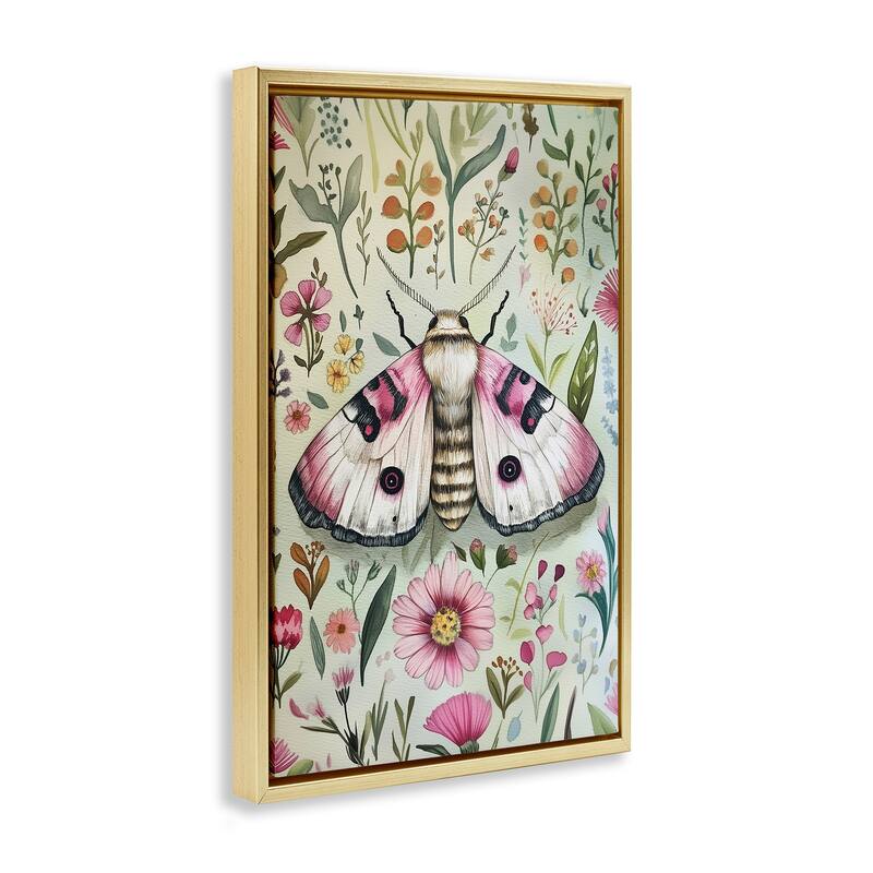 Stupell Moth over Floral Herbs Framed Floater Canvas Wall Art Design By The Dutch Lady