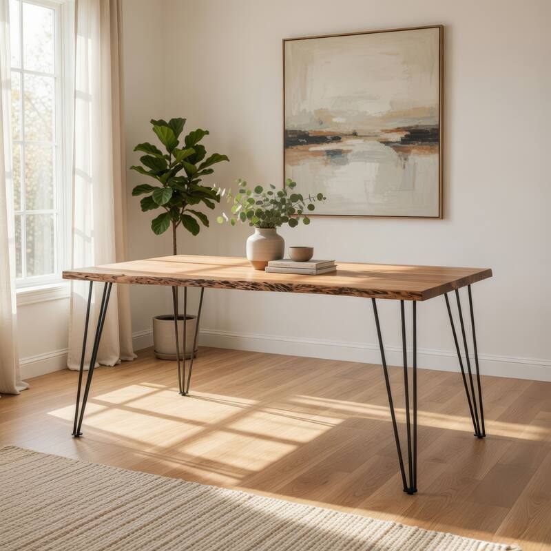 Wooden Dining Table with Live Edge Details and Metal Legs, Brown