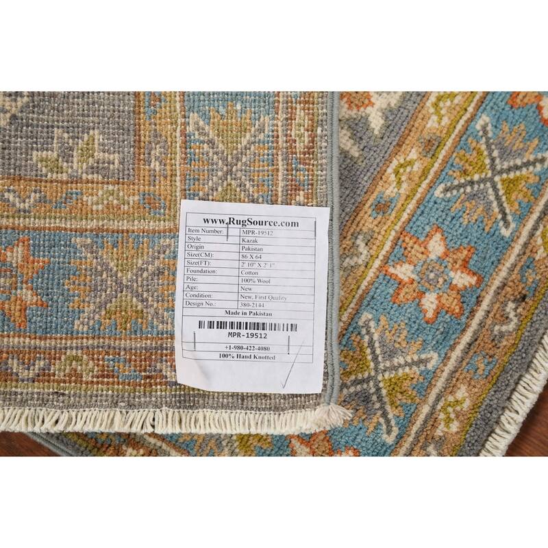 Gray Geometric Kazak Accent Rug Hand-Knotted Wool Carpet - 2'1"x 2'10"